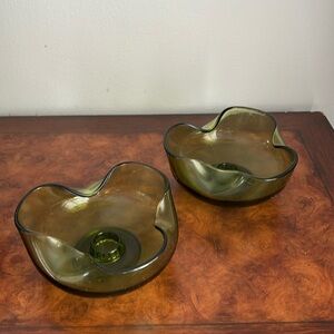 Set of 2 Vtg Anchor Hocking Green Pinched Glass Candle Holder MCM Mid Century